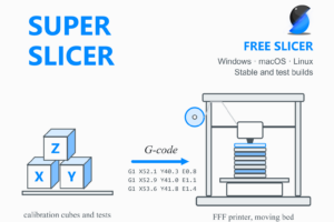SuperSlicer illustration: three XYZ calibration cubes are sliced into G-code and printed on an i3-style 3D printer, with the SuperSlicer logo and the words free slicer, stable and test builds.