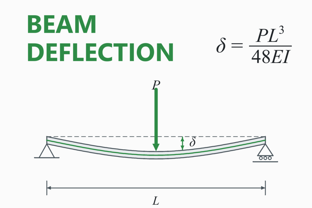 Beam deflection diagram: a simply supported beam with a central load P bending by a deflection delta over span L, with the formula delta = P L cubed / 48 E I.
