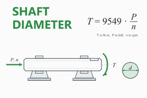 Shaft diameter diagram: a shaft on two bearings carrying torque T from power P at speed n, with the formula T = 9549 P / n.